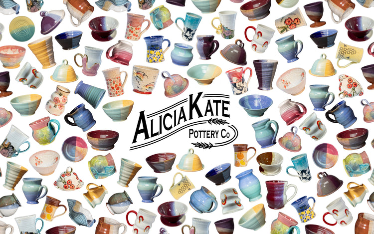 Dozens of colourful handmade pottery pieces surrounding the Alicia Kate Pottery Co logo