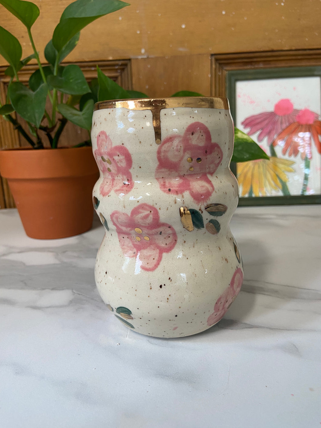 Floral Vase | Pink Flowers | REAL GOLD details | ~5.5in