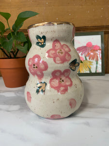 Floral Vase | Pink flowers | REAL GOLD details | ~7in