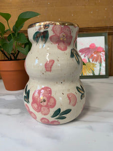Floral Vase | Pink flowers | REAL GOLD details | ~7in