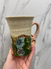 Load image into Gallery viewer, Floral Mug with REAL GOLD Details | Pink Handle | ~14oz
