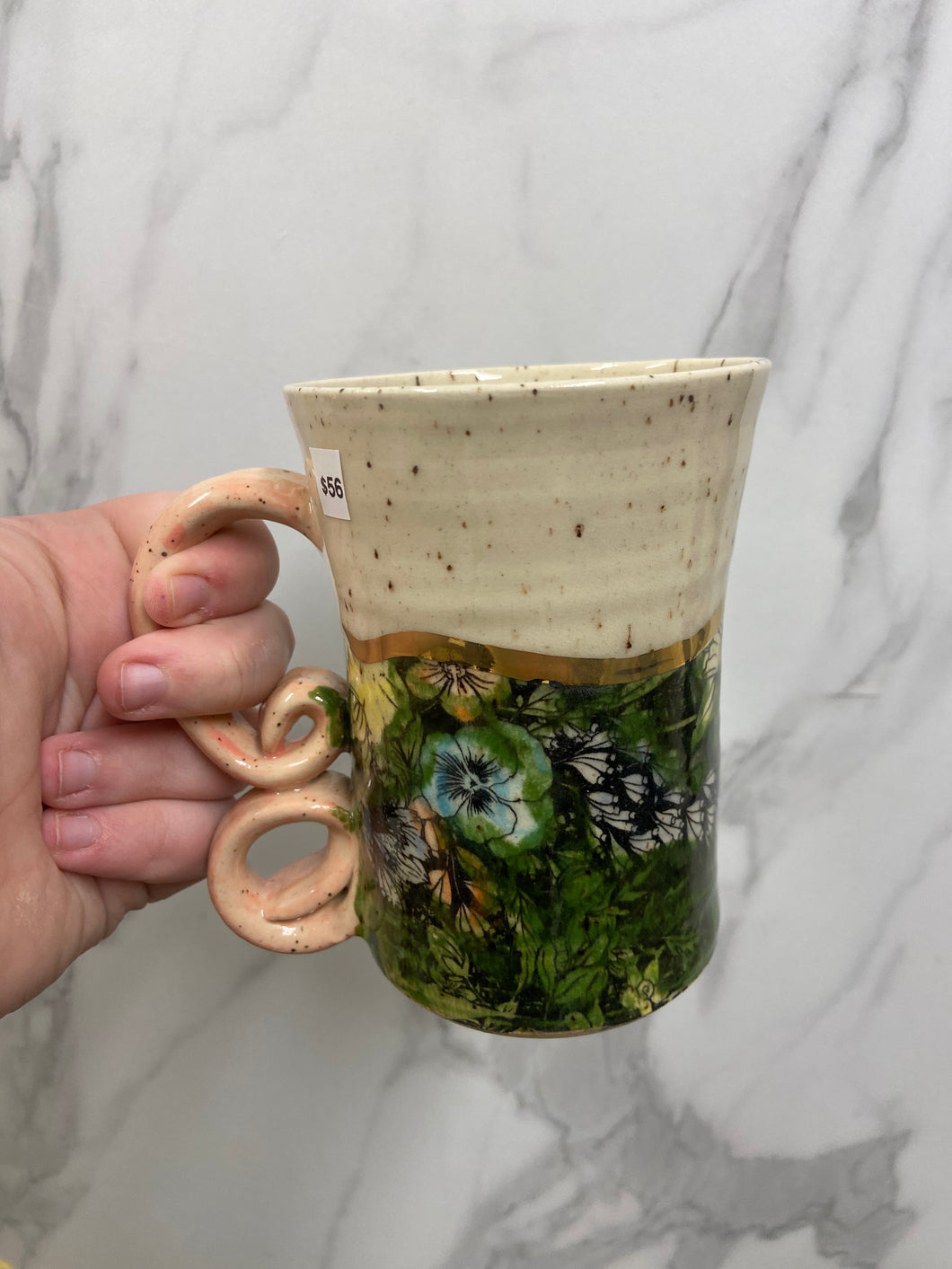 Floral Mug with REAL GOLD Details | Pink Handle | ~14oz