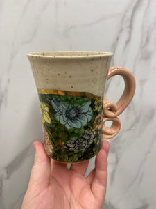 Floral Mug with REAL GOLD Details | Pink Handle | ~14oz