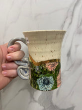 Load image into Gallery viewer, Floral Mug with REAL GOLD Details | Purple Handle | ~14oz
