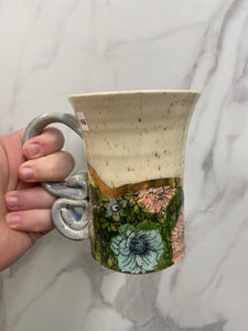 Floral Mug with REAL GOLD Details | Purple Handle | ~14oz