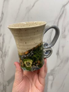 Floral Mug with REAL GOLD Details | Purple Handle | ~14oz