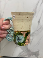 Load image into Gallery viewer, Floral Mug with REAL GOLD Details | Turquoise Handle | ~14oz
