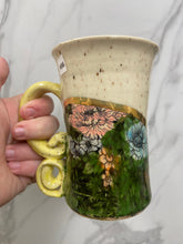 Load image into Gallery viewer, Floral Mug with REAL GOLD Details | Yellow Handle | ~14oz
