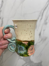 Load image into Gallery viewer, Floral Mug with REAL GOLD Details | Turquoise Handle | ~14oz
