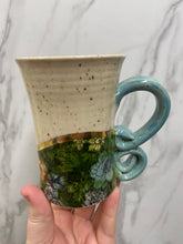 Load image into Gallery viewer, Floral Mug with REAL GOLD Details | Turquoise Handle | ~14oz
