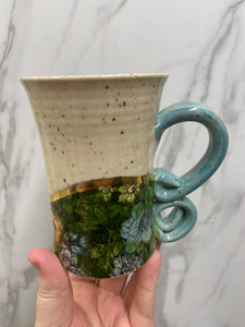 Floral Mug with REAL GOLD Details | Turquoise Handle | ~14oz