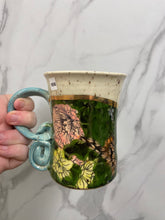 Load image into Gallery viewer, Floral Mug with REAL GOLD Details | Turquoise Handle | ~14oz
