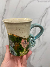 Load image into Gallery viewer, Floral Mug with REAL GOLD Details | Turquoise Handle | ~14oz
