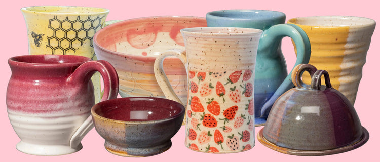 A lineup of colourful handmade pottery by Alicia Kate Pottery Co