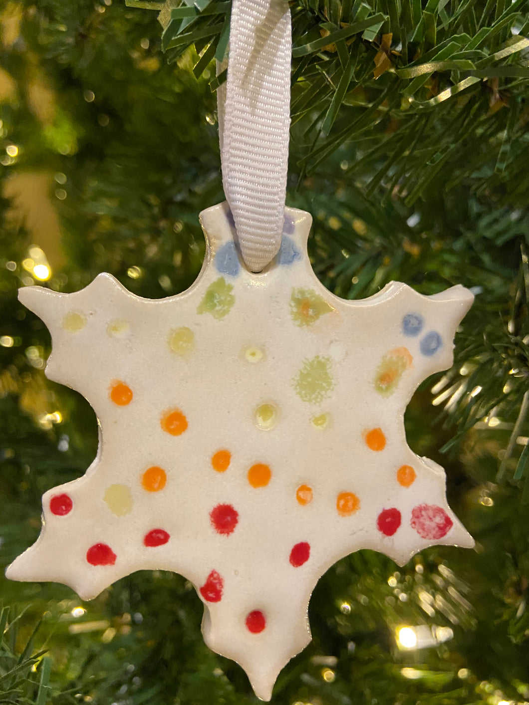Snowflake Ornament | White with Rainbow Polka Dots